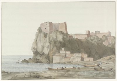 Říhání ve městě Scilla v regionu Calabrië aan de westkust Rock & Town of Scilla v Kalábrii; pohled pořízený ze strany západu slunce (nadpis na objektu) Cesty po Itálii, Sicílii a Maltě - 1778 (název série) od Louis Ducros