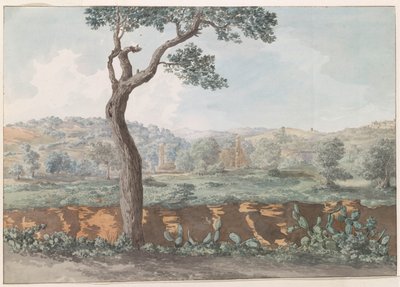 Ruïne van Castor en Pollux Tempel binnen muren van oude Agrigento Pohled na ruiny chrámu Castor & Pollux v ohradě starověkého Agrigenta (název na objektu) Cesty po Itálii, Sicílii a Maltě - 1778 (název série) od Louis Ducros