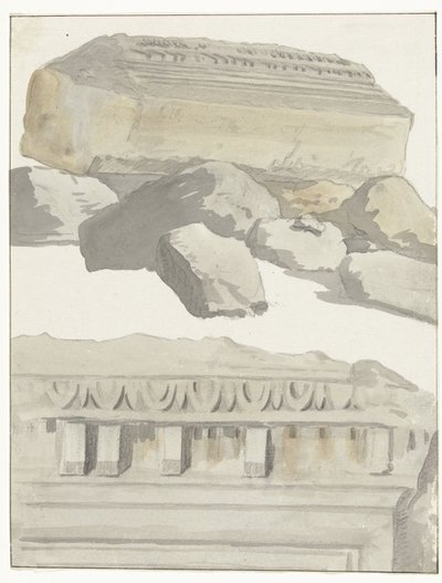 Chrám Twee stukken van een architraaf van de antieke v de oude stad Manduria Pohled na místnost architrávu starověkého chrámu ve starověkém městě Manduria Cesty po Itálii, Sicílii a Maltě - 1778 (název série) od Louis Ducros