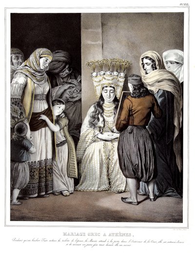 Řecká svatba v Athénách. Zatímco řecký holič dokončuje nevěstinu toaletu, nevěsta čeká u dveří na nádvoří, je obklopena přáteli a zvědavý mladý Řek před ní drží zrcadlo. v „“ Cesta do Athén a Konstantinopole, o od Louis Dupré