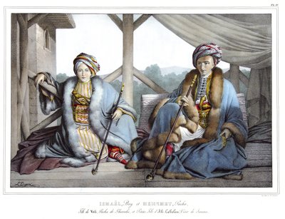 Ismael, Bey a Mehemet Pasha, syn Veliho, paša z Thesálie a vnuk Aliho Tebelena (1741-1822), vezíra Janiny, v „“ Putování do Athén a Konstantinopole, neboli sbírce řeckých a osmanských portrétů, pohledů a kostýmů, malované na místech natu od Louis Dupré