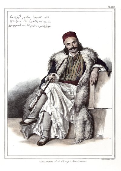 Vasili Gouda, pobočník Marca Botzarise (1788-1823). v „“ Cesta do Athén a Konstantinopole neboli sbírka řeckých a osmanských portrétů, pohledů a kostýmů, namalovaných na místech po přírodě, litografie a barvy Louis Dupre (1789-1837), od Louis Dupré