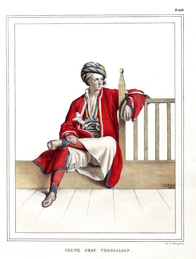 Mladý řecký Thessalian. v „“ Cesta do Athén a Konstantinopole nebo sbírka řeckých a osmanských portrétů, pohledů a kostýmů, namalovaných na místech po přírodě, litografie a barvy od Louise Dupreho (1789-1837), žáka Davida. 1825. od Louis Dupré