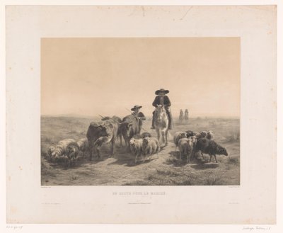 Farmář a pastýř s kravami a ovcemi na cestě na trh Na cestě pour le marché (název na objektu) od Louis Emmanuel Soulange Teissier