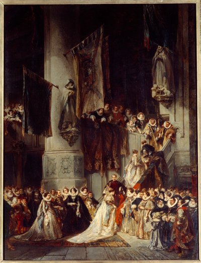 Obřad v kostele Delft. Obraz zobrazující svatbu v Holandsku v 16. století. Obraz Louise Gabriela Eugene Isabey (1803-1886) od Louis Eugene Gabriel Isabey