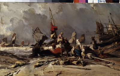 ""After the storm"" (After the storm) Rybář najde svou rodinu po bouři. Obraz Louise Gabriela Eugene Isabey (1803-1886) 1869 Rozměr 36,5x60 cm Muzeum Ermitáž, Petrohrad od Louis Eugene Gabriel Isabey