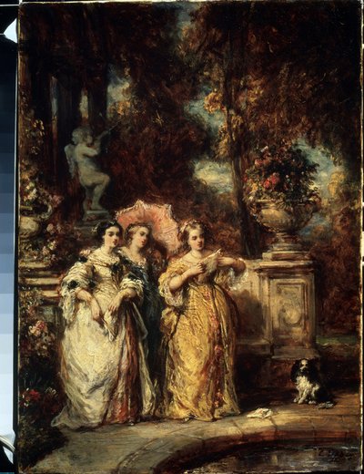 ""La promenade"" (Procházka) Tři mladé dívky z dobré rodiny v parku. Obraz Louise Gabriela Eugene Isabey (1803-1886) 1852 Puškinovo muzeum, Moskva od Louis Eugene Gabriel Isabey