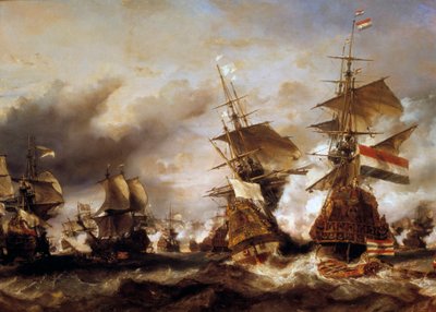 Válka proti Augsburgské lize: „“ Bitva u Texelu dne 29. 6. 1694, vítězství Jeana Barta (1650-1702) nad nizozemskou eskadrou admirála Fríska““ Francouzi se zmocnili holandských lodí spousty pšenice. Obraz Louise Gabriela Eugene Isabey (1803-1886 od Louis Eugene Gabriel Isabey