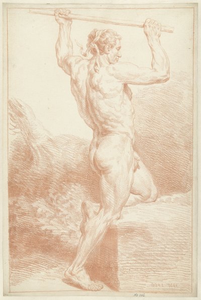 Studie mužského aktu na jednom koleni s holí nad hlavou od Louis Fabritius Dubourg