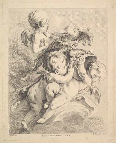 Tři Cupids drží helmu. od Louis Felix de la Rue