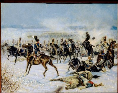Bitva u Eylau, 20. února 1807. (Bitva u Preussisch Eylau dne 8. února 1807). Vojenská konfrontace mezi francouzskou Grande Armee Napoleona I. (1769-1821) a Ruskou říší. Dílo Louis Ferdinand Malespina (1874-1940), olej na ca od Louis Ferdinand Malespina