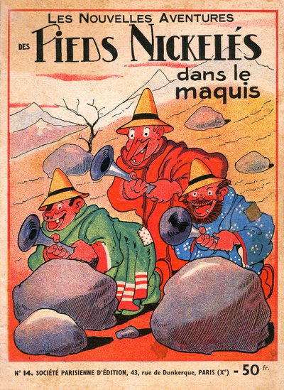 obal komiksového alba Louise Fortona (1879-1934): Les Pieds Nickeles dans le maquis (vydání 14. dílu dobrodružství tria z roku 1949). Croquignol, Ribouldingue a Filochard na Korsice. ©Gusman/Leemage od Louis Forton