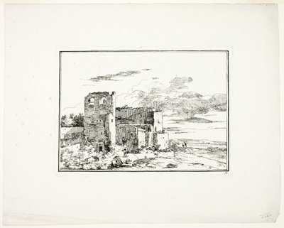 Zničené budovy u břehu řeky, deska 9 z knihy Quatrieme suite de paysages dessinés et grave a l