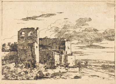 Zničené budovy poblíž břehu řeky od Louis Gabriel Moreau the Elder