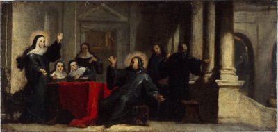 Svatá Scholastika získává z nebe déšť a hrom, aby zabránila svatému Benediktovi ji opustit. Skica k obrazu v refektáři opatství Saint-Martin-des-Champs, kolem roku 1706 (olej na plátně). od Louis Galloche