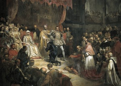 Abdikace Karla V. (1500-1558) ve prospěch jeho syna Filipa II. (1527-1598) od Louis Galna