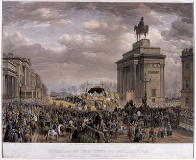 Pohřební vůz vévody z Wellingtonu (1769-1852) projíždějící obloukem v Apsley House dne 18. listopadu 1852, 1853 od Louis Haghe