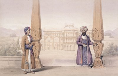 Šlechtic Dooranee a jeho sluha v paláci v Kandaháru, z knihy "Characters and Costumes of Afghuanistan", kterou napsal kapitán Lockyer Willis Hart, vydáno 1843. od Louis Hague