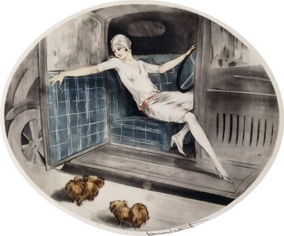 Žena v autě se dvěma pekinskými od Louis Icart