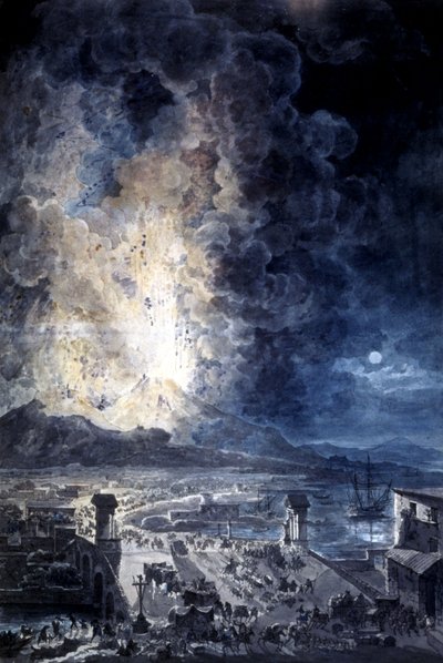 Erupce Vesuvu v Neapoli, akvarel od Louis-Jean Desprez