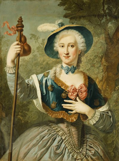 Portrét dámy, tříčtvrteční, oblečená jako poutnice a v modrém lemovaném slaměném klobouku a peří, 1747 od Louis Jean François Lagrenée