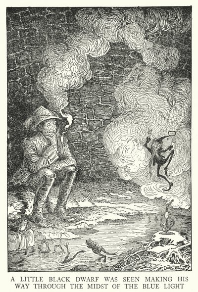 Byl viděn malý černý trpaslík, jak si razí cestu uprostřed modrého světla (litho) od Louis John Rhead