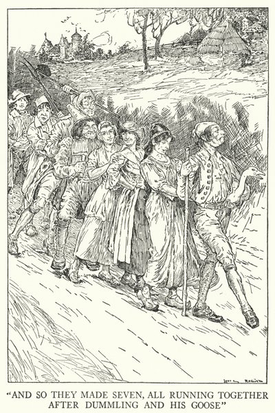 "A tak jich bylo sedm, všichni společně běželi za Dummlingem a jeho husou" (litho) od Louis John Rhead