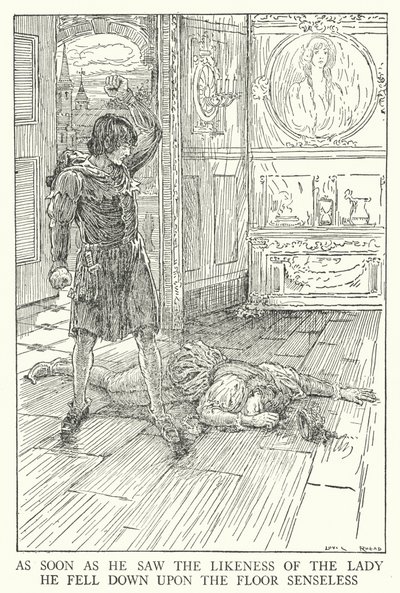 Jakmile spatřil podobiznu té dámy, upadl na zem jako smyslů zbavený (litho) od Louis John Rhead