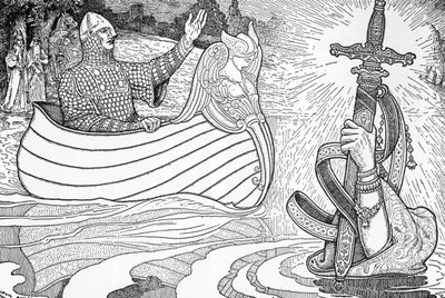 Znázornění Paní jezera (fee viviane), postava z artušovských legend, která králi Artušovi dává epee Excalibur (Arturská legenda: Paní jezera (Nimue, Viviane) dává králi Artušovi svůj meč Excalibur) Ilustrace Louis Rhead (1858 -1 od Louis John Rhead