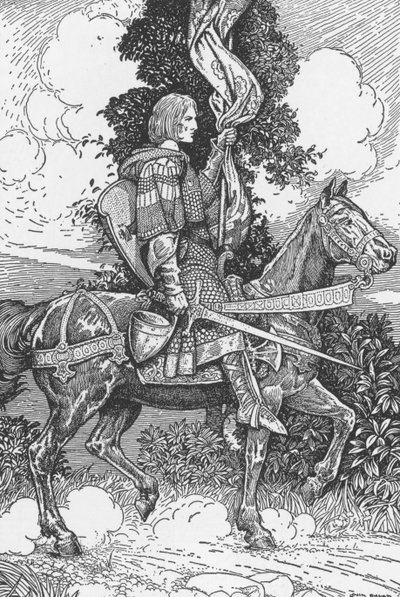 Sir Tristam jede na zámek Tintagil Ilustrace Louis Rhead (1858-1926) z „Král Artuš a jeho rytíři“ 1923 Soukromá sbírka od Louis John Rhead