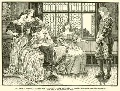 Palác Krásný, diskrétnost, obezřetnost, zbožnost a dobročinnost (rytina) od Louis John Rhead