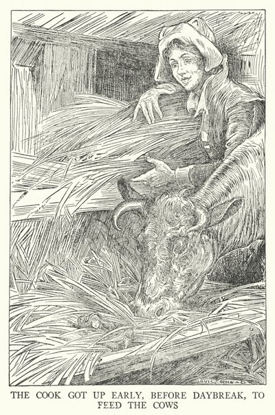 Kuchař vstal brzy, před svítáním, aby nakrmil krávy (litho) od Louis John Rhead