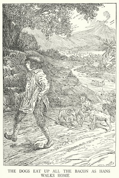 Psi sežerou všechnu slaninu, když Hans jde domů (litho) od Louis John Rhead