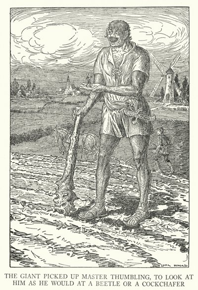 Obr zvedl mistra Thumblinga, aby se na něj podíval jako na brouka nebo chrousta (litho) od Louis John Rhead
