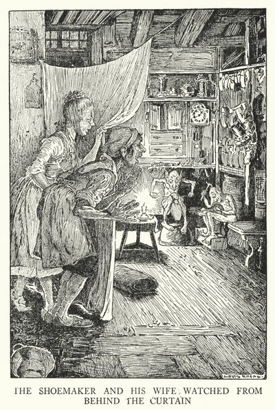 Švec a jeho žena sledovali zpoza závěsu (litho) od Louis John Rhead