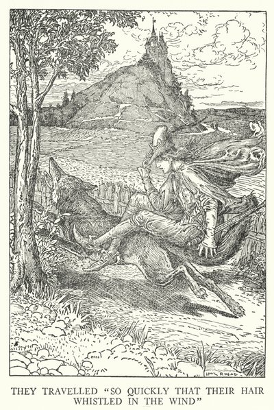 Cestovali „tak rychle, že jim vlasy svištěly ve větru“ (litho) od Louis John Rhead