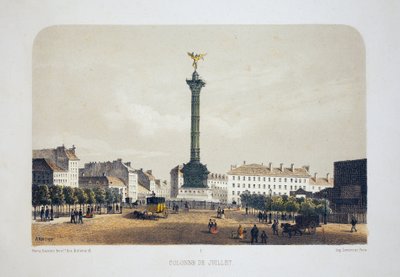 Column de July (Place de la Bastille), Paříž. Litografický akvarel, ilustrace Arnout, v „Album, souvenirs de Paris“, editor Daziaro, Paris od Louis Jules Arnout
