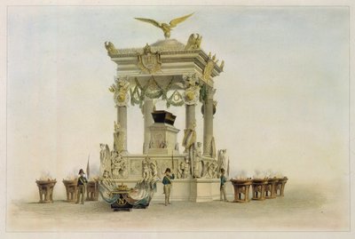 Rakev Napoleona I. Bonaparte (1769-1821) v kostele Invalidovna (Paříž, Francie). (Napoleonova rakev v kostele na Invalidovně). Dílo Louise Julese Arnouta (1814-1868), litografie a akvarel. Francouzské umění 19. století, klasicismus. od Louis Jules Arnout