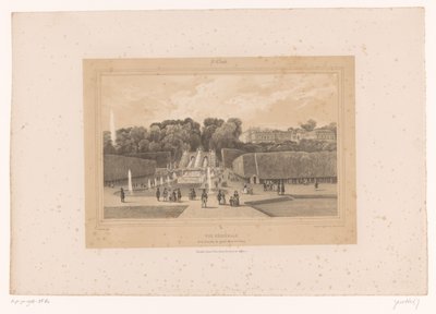 Pohled na hrad Saint-Cloud v parku Saint-Cloud Vue generale de la Cascade, du grand Jet et du Château (název na objektu) Tváře v Paříži a okolí (název série) St. Cloud (název série na objektu) od Louis Julien Jacottet