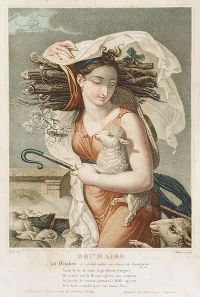 Brumaire (říjen listopad), druhý měsíc republikánského kalendáře, vyryl Tresca, francouzsky, kolem roku 1794 (rytina) od Louis Lafitte
