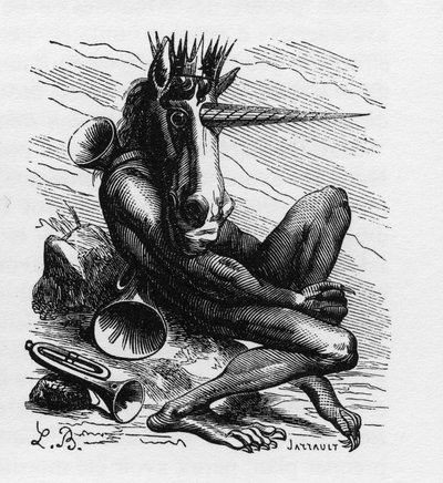 AMDUSCIAS démon v Ars Goetia - Amdusias - démon odvozený z goetie víry (umění a praktikování vzývání démonů) - v „Pekelném slovníku“ od Collina de Plancyho - rytina L. Bretona. Paříž od Louis Le Breton