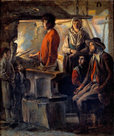 Kovář nebo marechal ve své kovárně Marechal-železo a jeho rodina, vedle něj kovadlina. Obraz Ludvíka Naina (1593-1648) 17. století Slunce. 0,69x0,57 m od Louis le Nain