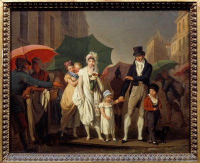 Bourgeois sprchy v pařížské módě Premier Empire, které se chrání před deštěm. Obraz Louise leopolda Boillyho (1761-1845) 19. století Sun. 0,32x0,4 m - Liják. Pařížané buržoazní oblečení v módě prvního císařství chránící se fr od Louis Leopold Boilly