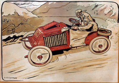 Automobil: závodní auto. Marcel Renault (1872-1903) a Rene Vauthier přejezd Alp během závodu PAŘÍŽ-VÍDEŇ v roce 1902 v autě 147. Litografie Louis Lucien Faure Dujarric (1872-?), 20. stol. Conservatoire national des Arts et Metiers, Paříž od Louis Lucien Faure Dujarric