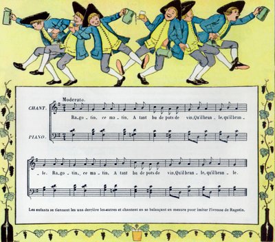 Partitura a ilustrace dětské písně Ragotin od Louise Maurice Bouteta de Monvela od Louis Maurice Boutet de Monvel