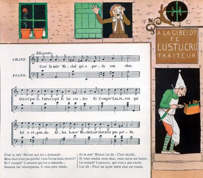 Partitura a ilustrace dětské písně La Mere Michel od Louis Maurice Boutet de Monvel