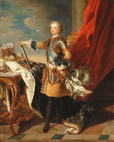 Portrét krále Ludvíka XV., celovečerní, v poloviční zbroji, od Louis Michel van Loo