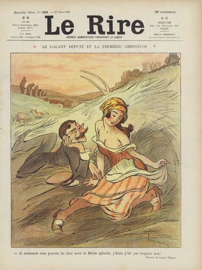 Galantní zástupce a ambiciózní farmářka. Ilustrace k filmu Le Rire od Louis Morin