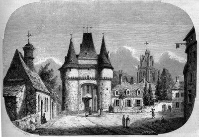 Architektura: pohled na bránu Saint Julien (1460-1483), v pozadí pohled na gotický kostel Notre Dame des Marais (1450-1623). La Ferte Bernard, Sarthe (72) od Louis Moullin