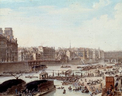Námořní život v docích přístavu v Paříži v roce 1782 Peniches a obchodní aktivity na Seině. Detail. Kresba Louis de Lespinasse (1734-1808) 1782. Paříž, Musee Carnavalet od Louis-Nicolas de Lespinasse